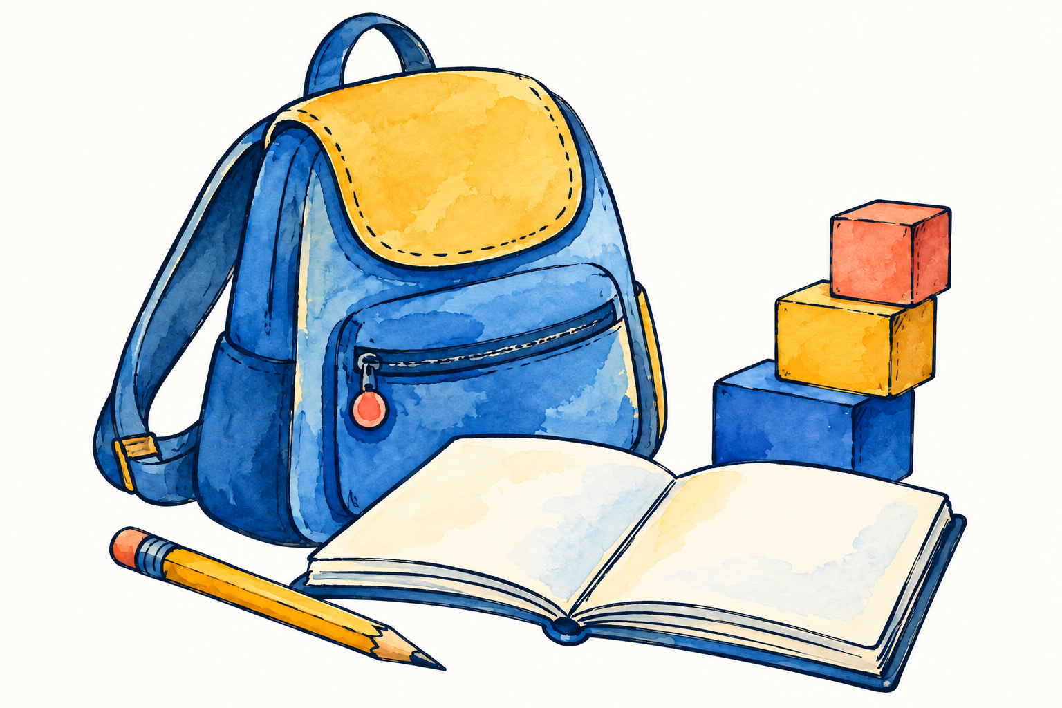 Hand-drawn backpack, notebook, pencil, and blocks